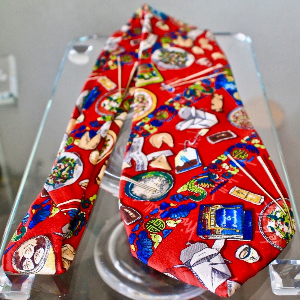 NICOLE MILLER 1996 VINTAGE "CHINATOWN ON BROADWAY" MEN TIE SILK FORTUNE COOKIE